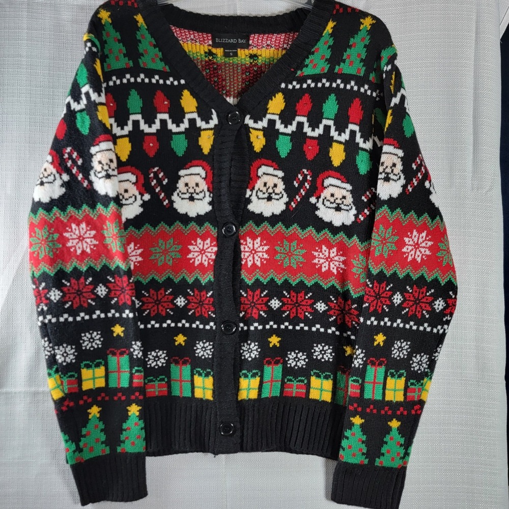 Blizzard Bay Men's Ugly Christmas Sweater Cardigan - Santa & Presents Design